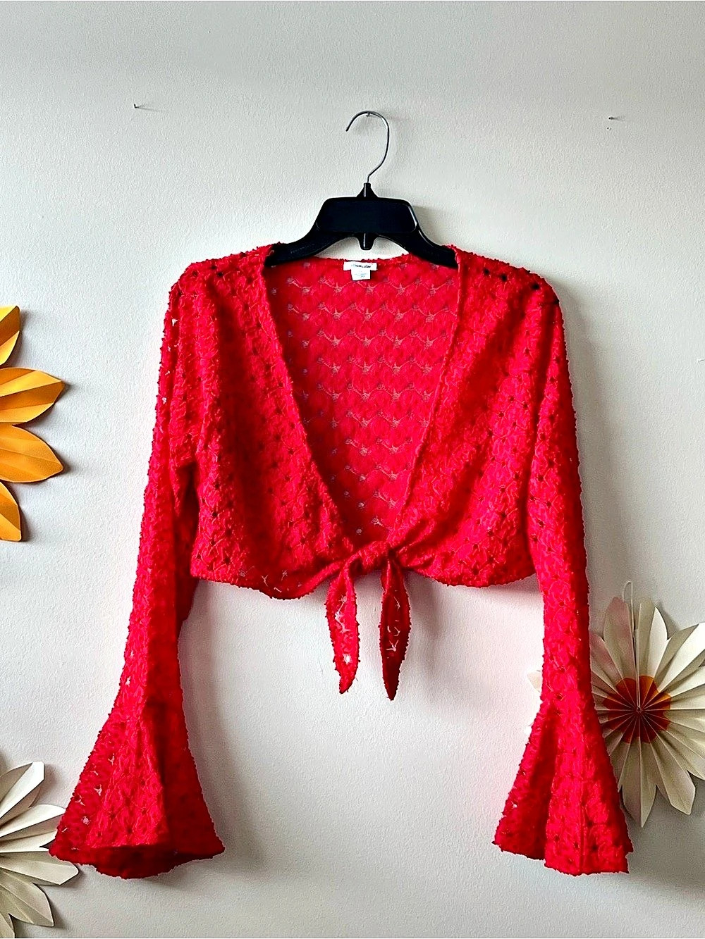 Urban Outfitters Kimchi Blue Red Tie-Front Bell Sleeve Crop Top